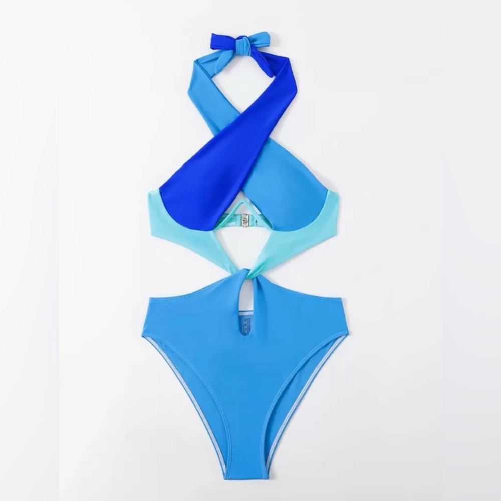 Elegant Blue Halter One Piece Swimsuit